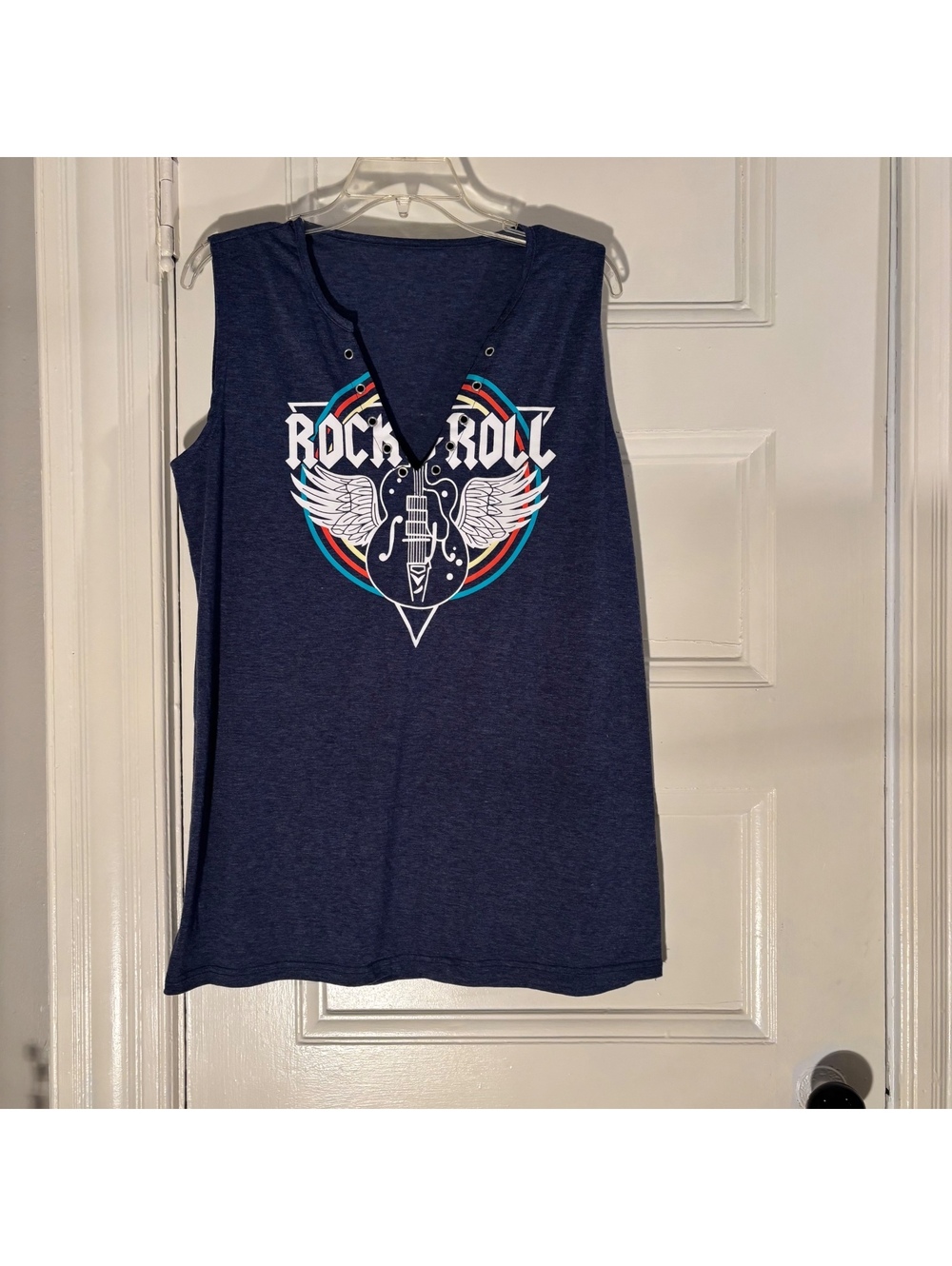 Navy Blue Sleeveless Rock & Roll Graphic Tank Top - Size XL